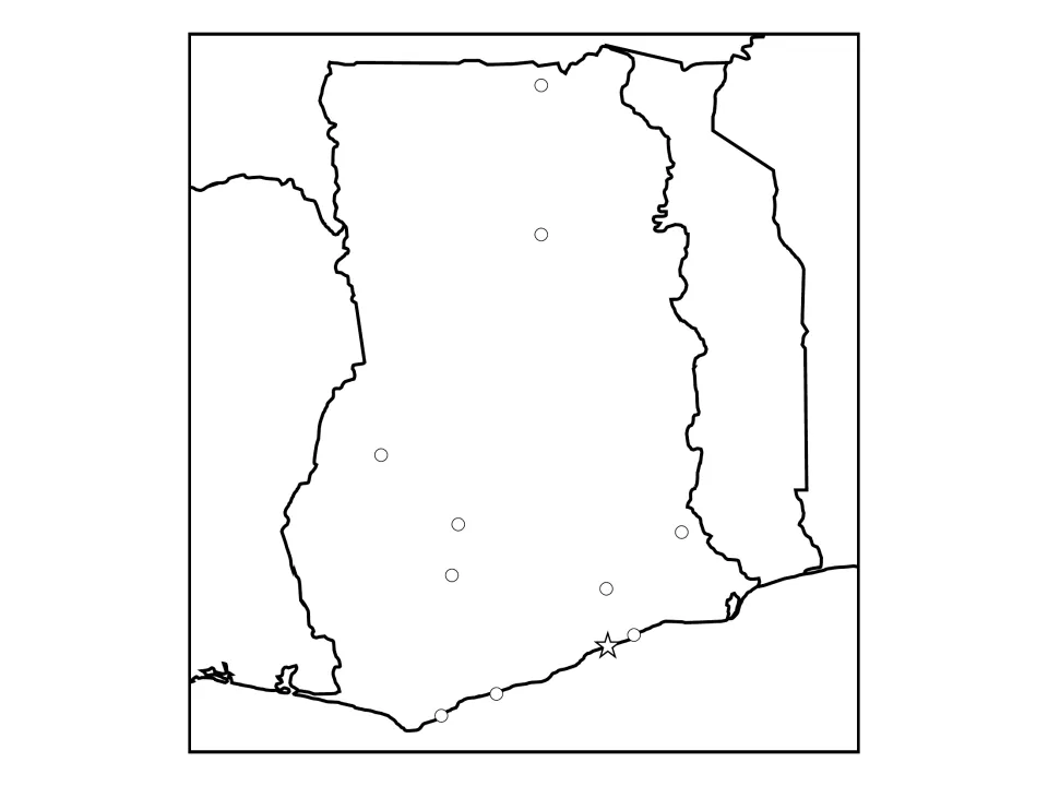 Ghana map with neighboring borders, unlabeled city dots and capital star, for labeling cities and bordering countries