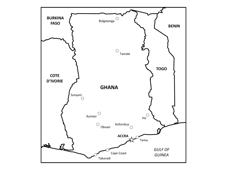 Labeled map of Ghana with Burkina Faso, Togo, Cote d'Ivoire, Benin, the Gulf of Guinea and major cities marked