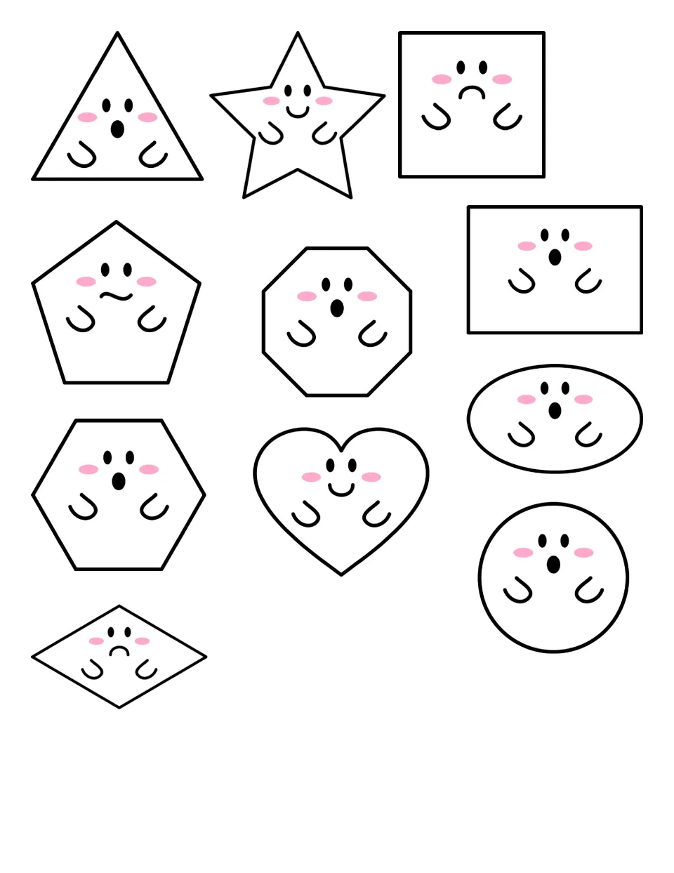 Ghost shape cards: 11 ghost-faced shapes, from triangle and star to heart, circle and rhombus, to cut out and sort