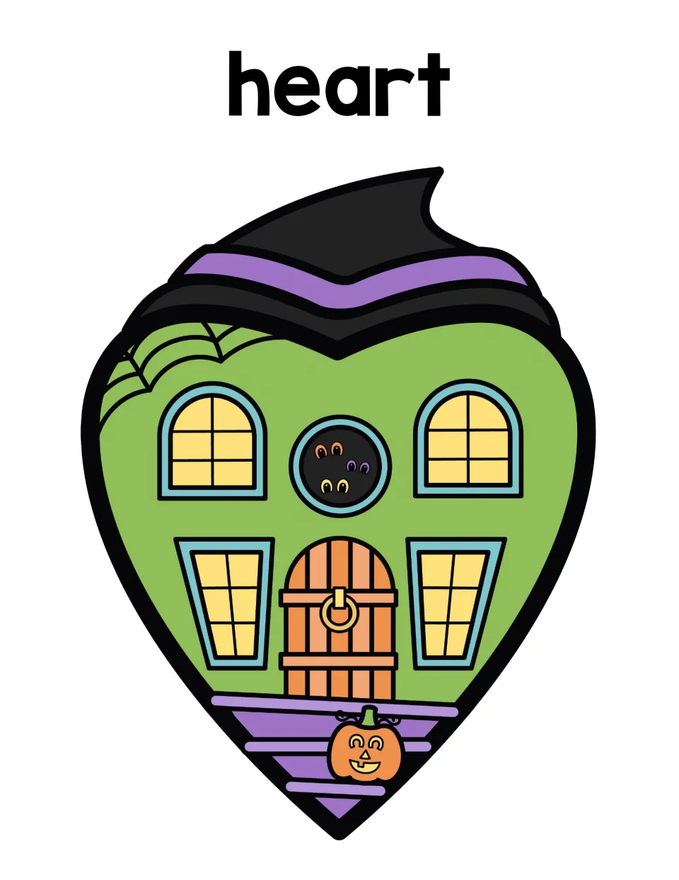 Heart sorting mat: students place heart ghosts on a green heart-shaped haunted house with a witch hat roof