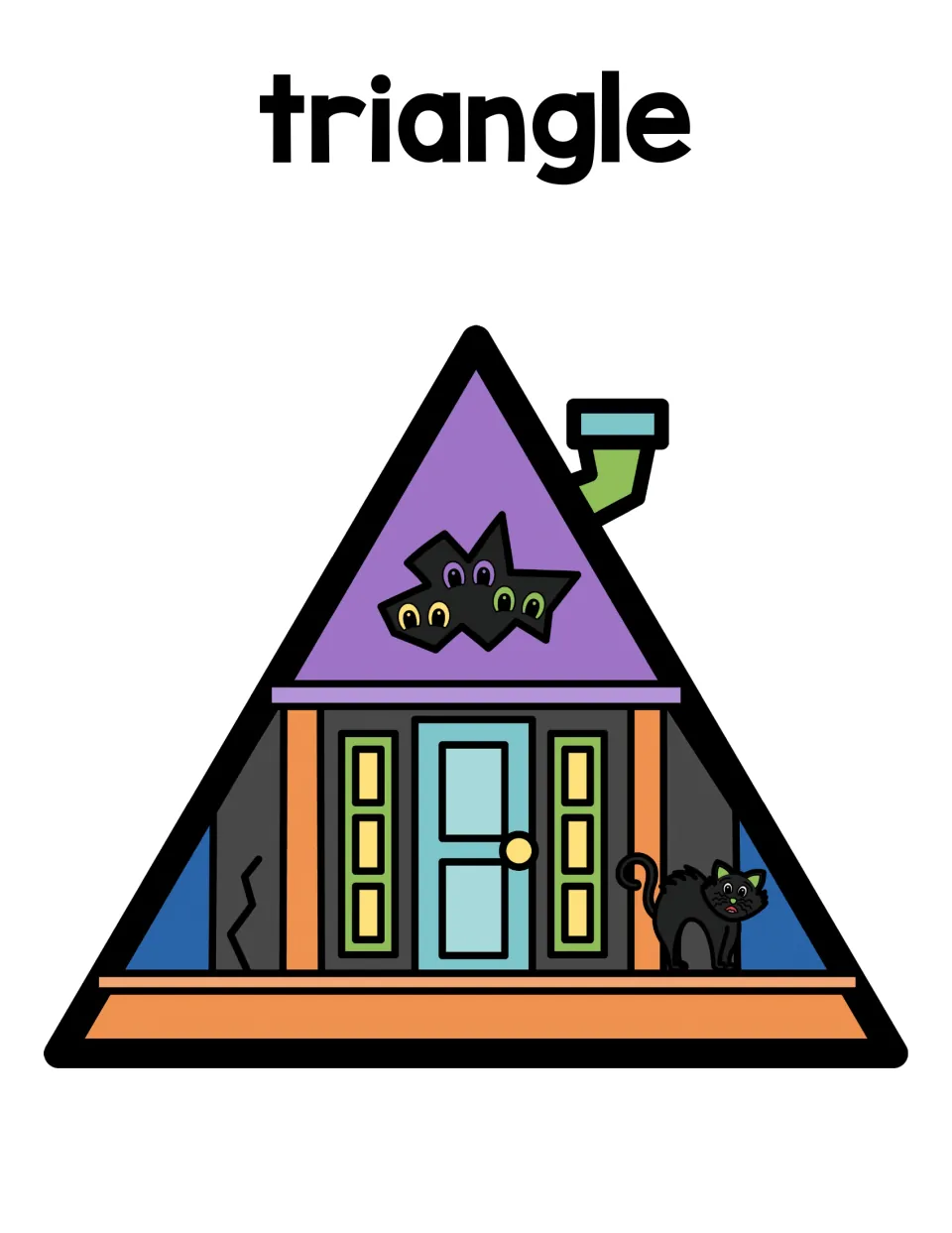 Triangle sorting mat: students place triangle ghosts on an A-frame haunted house with a bat and a black cat