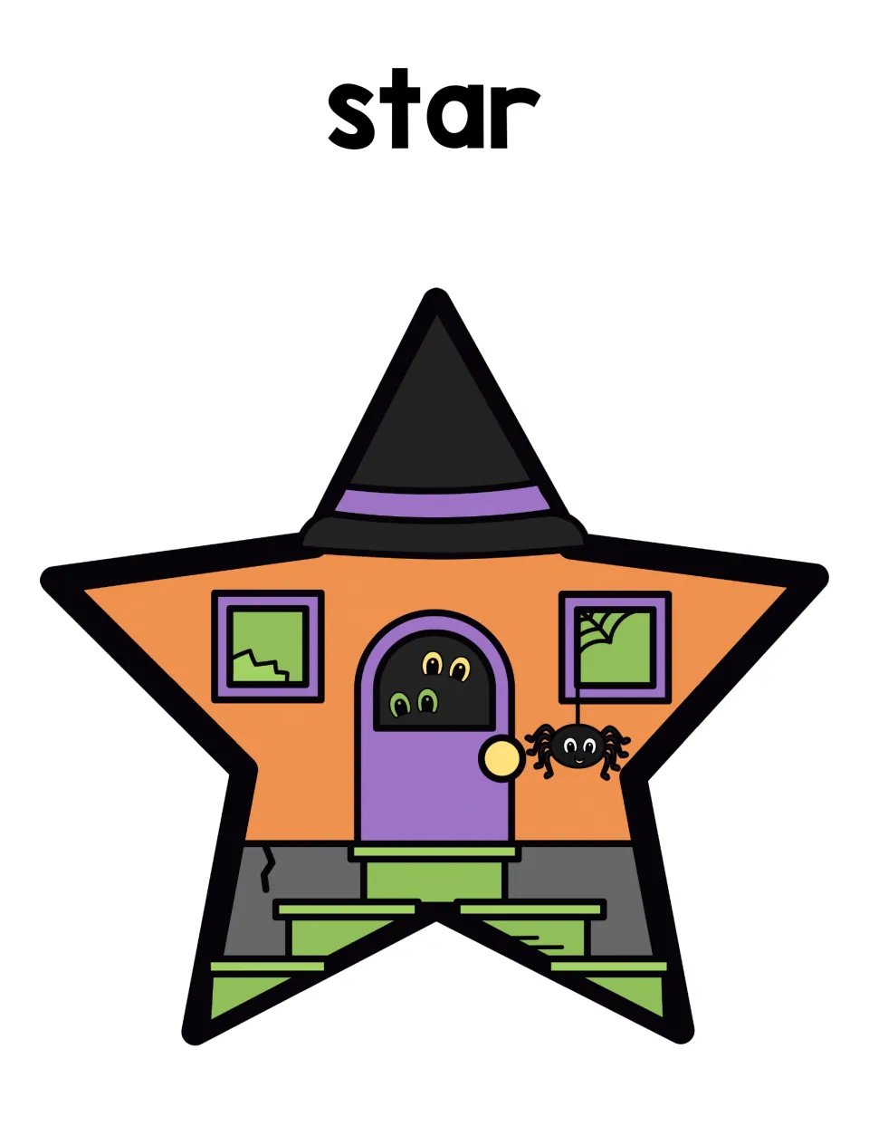Star sorting mat: students place star ghosts on an orange star-shaped haunted house topped with a witch hat