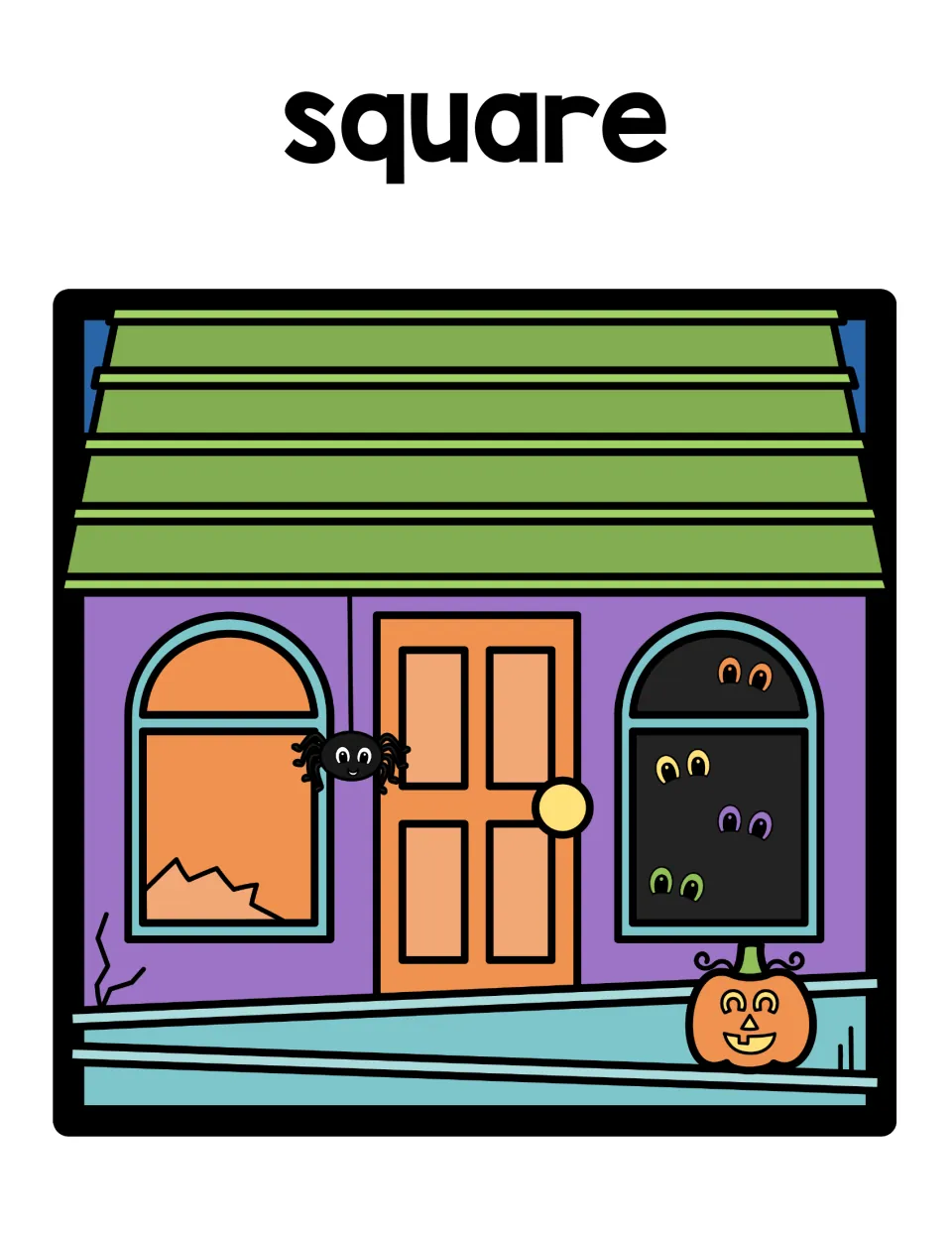 Square sorting mat: students place square ghosts on a purple square haunted house with a pumpkin and spider