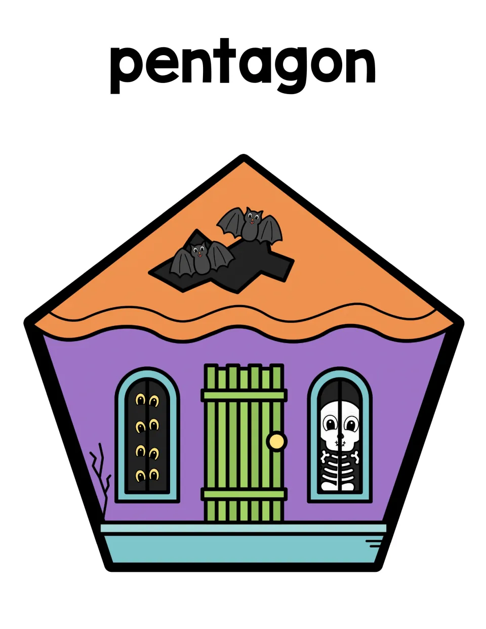 Pentagon sorting mat: students place pentagon ghosts on a five-sided house with roof bats and a skeleton