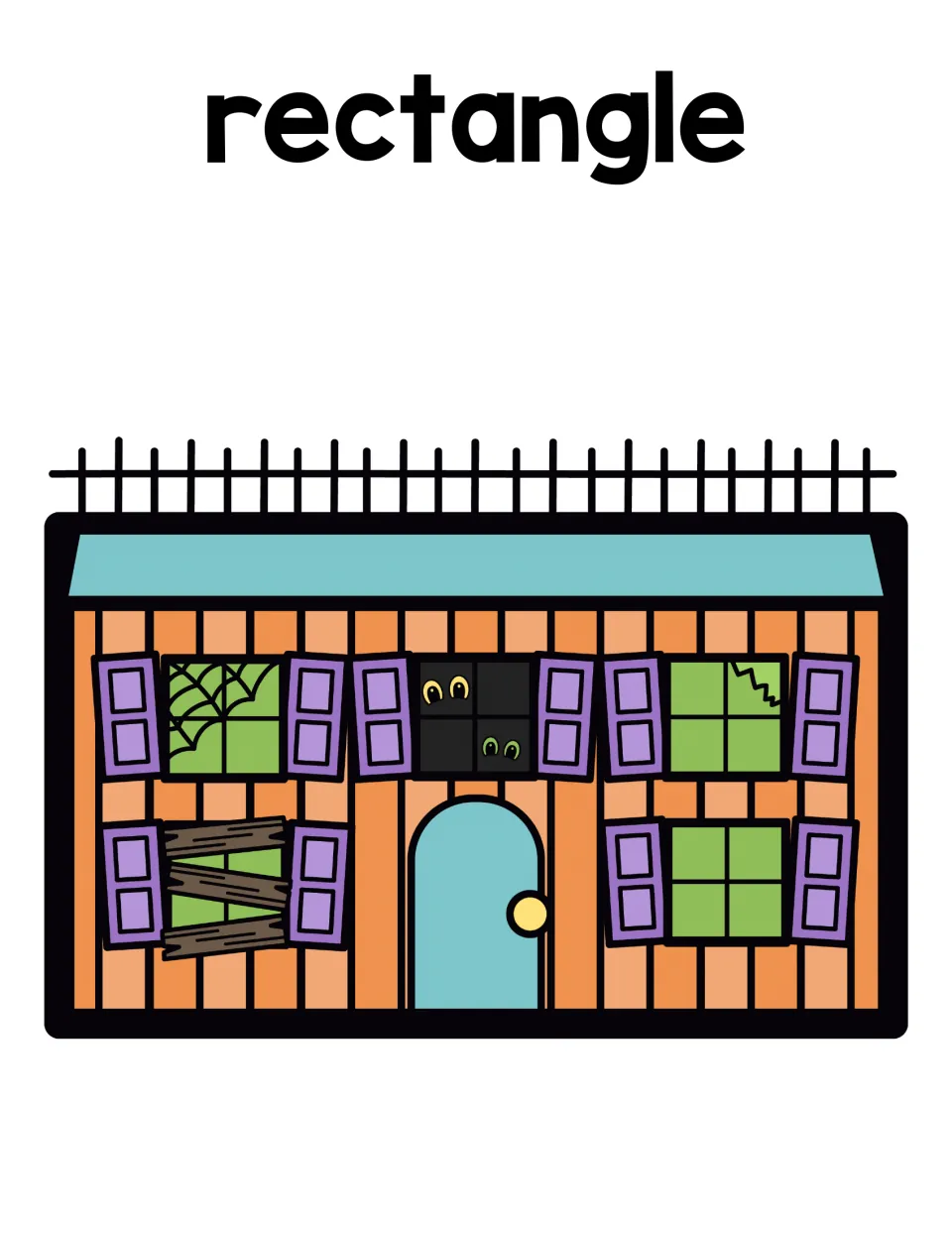 Rectangle sorting mat: students place rectangle ghosts on a long orange haunted house with purple shutters
