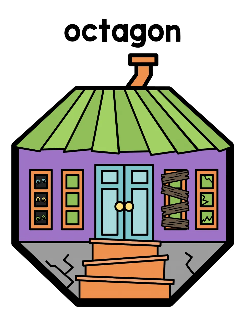 Octagon sorting mat: students place octagon ghosts on an eight-sided purple house with a boarded window