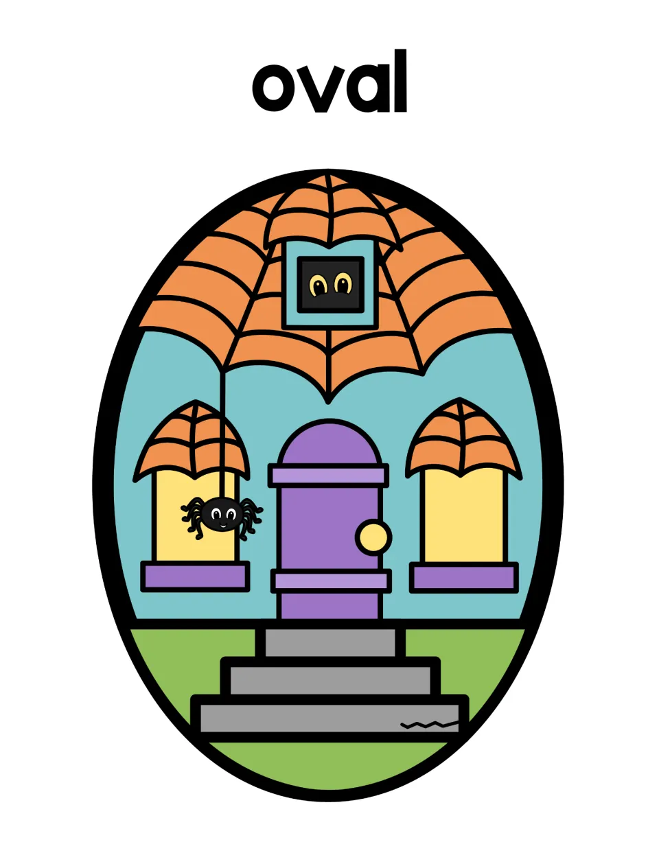 Oval sorting mat: students place oval ghosts on an oval haunted house draped in orange spiderwebs and a spider