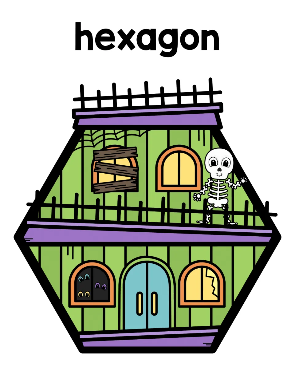 Hexagon sorting mat: students place hexagon ghosts on a six-sided green house with a skeleton on the balcony