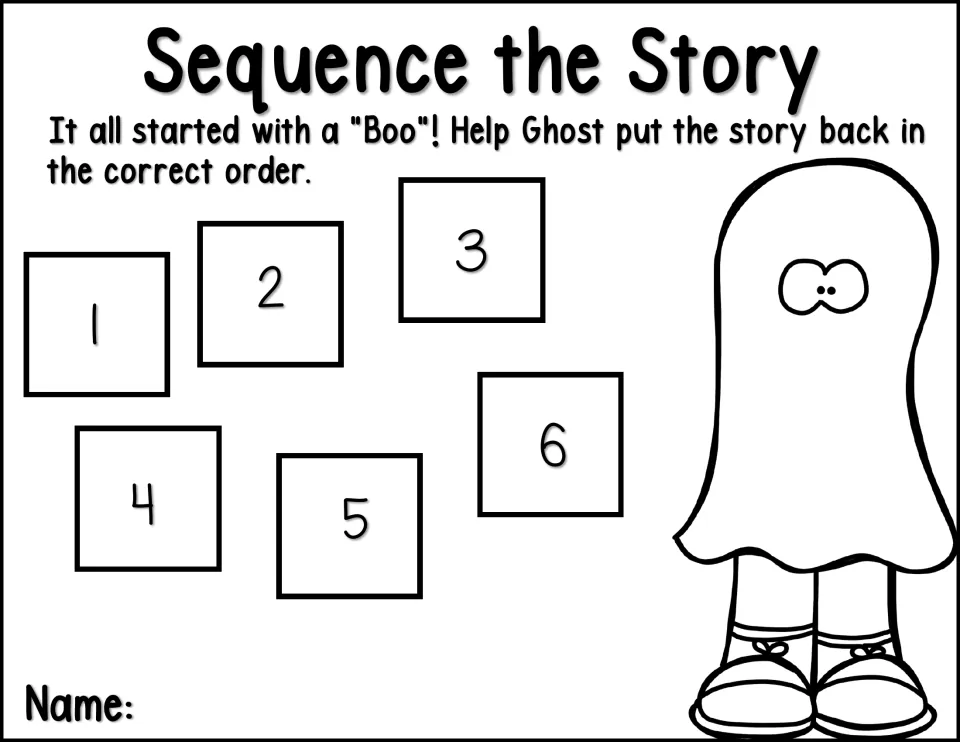 Story sequencing activity asks students to put events in order from 1 to 6, starting with a “Boo!”