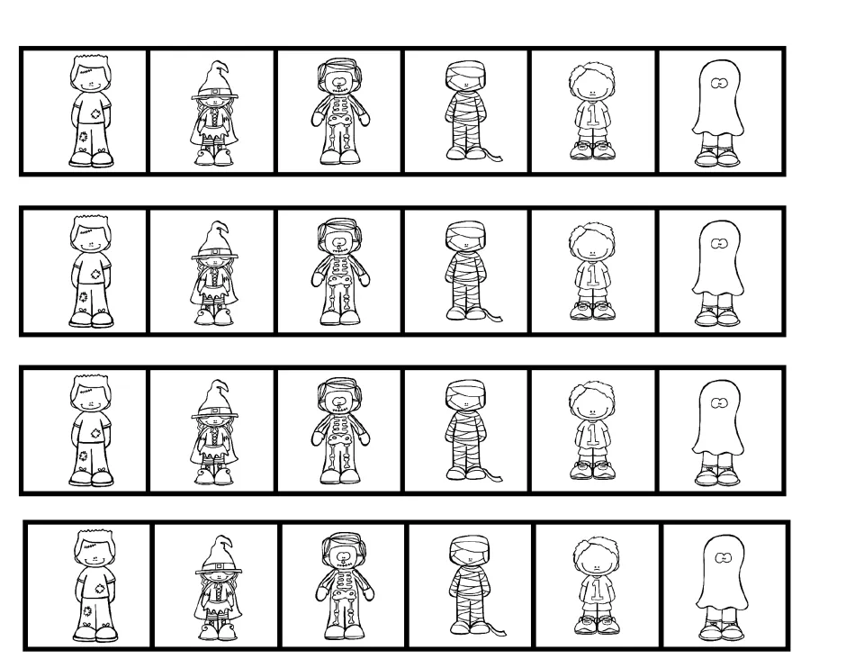 Sequencing pictures show a monster, witch, skeleton, mummy, boy, and ghost, with four copies of the set