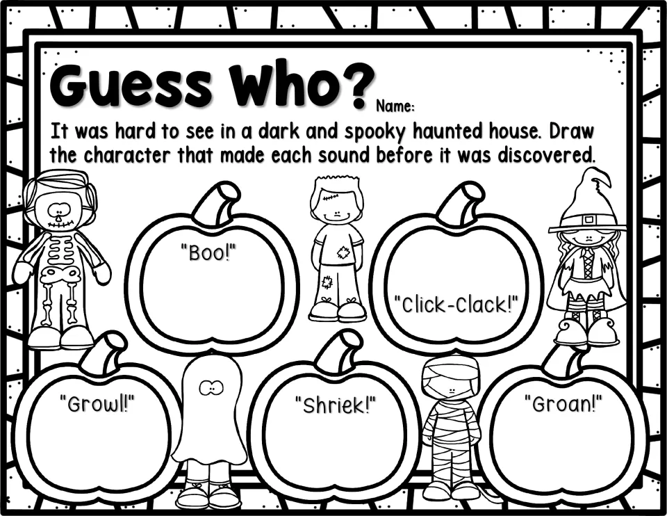 Guess Who activity asks students to draw characters for “Boo!”, “Click-Clack!”, “Growl!”, “Shriek!”, and “Groan!”