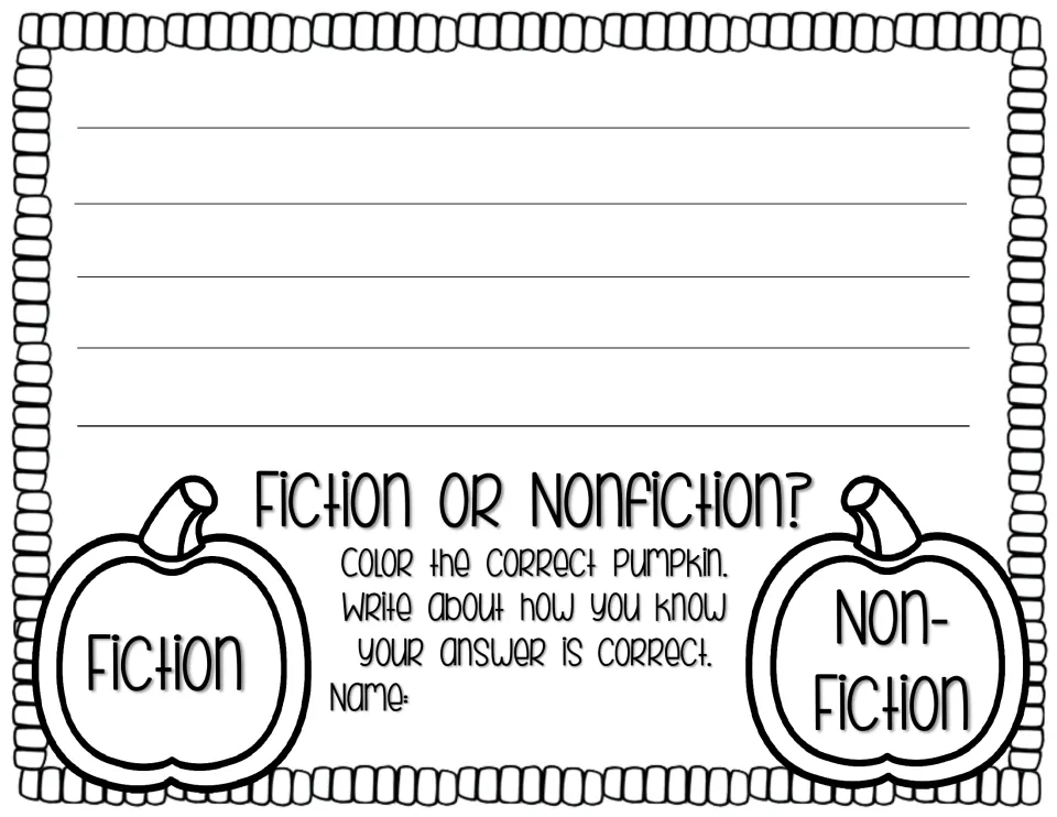 Fiction or nonfiction response asks students to color the correct pumpkin and explain how they know