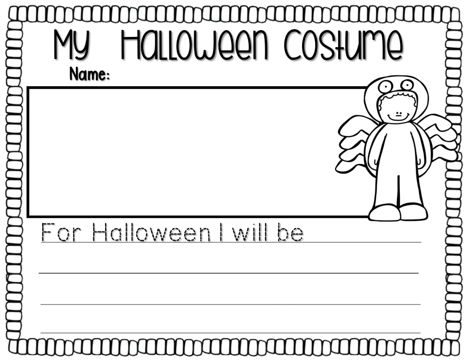 Halloween costume writing activity includes the traceable sentence starter “For Halloween I will be”