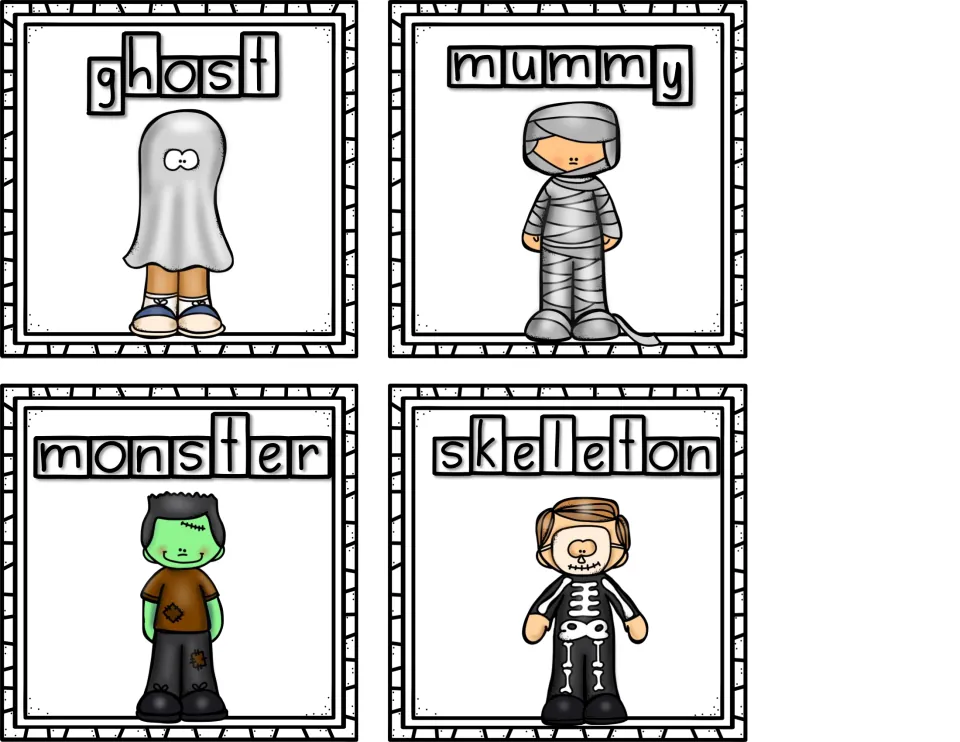 Four colored write-the-room vocabulary cards pair character pictures with ghost, mummy, monster, and skeleton
