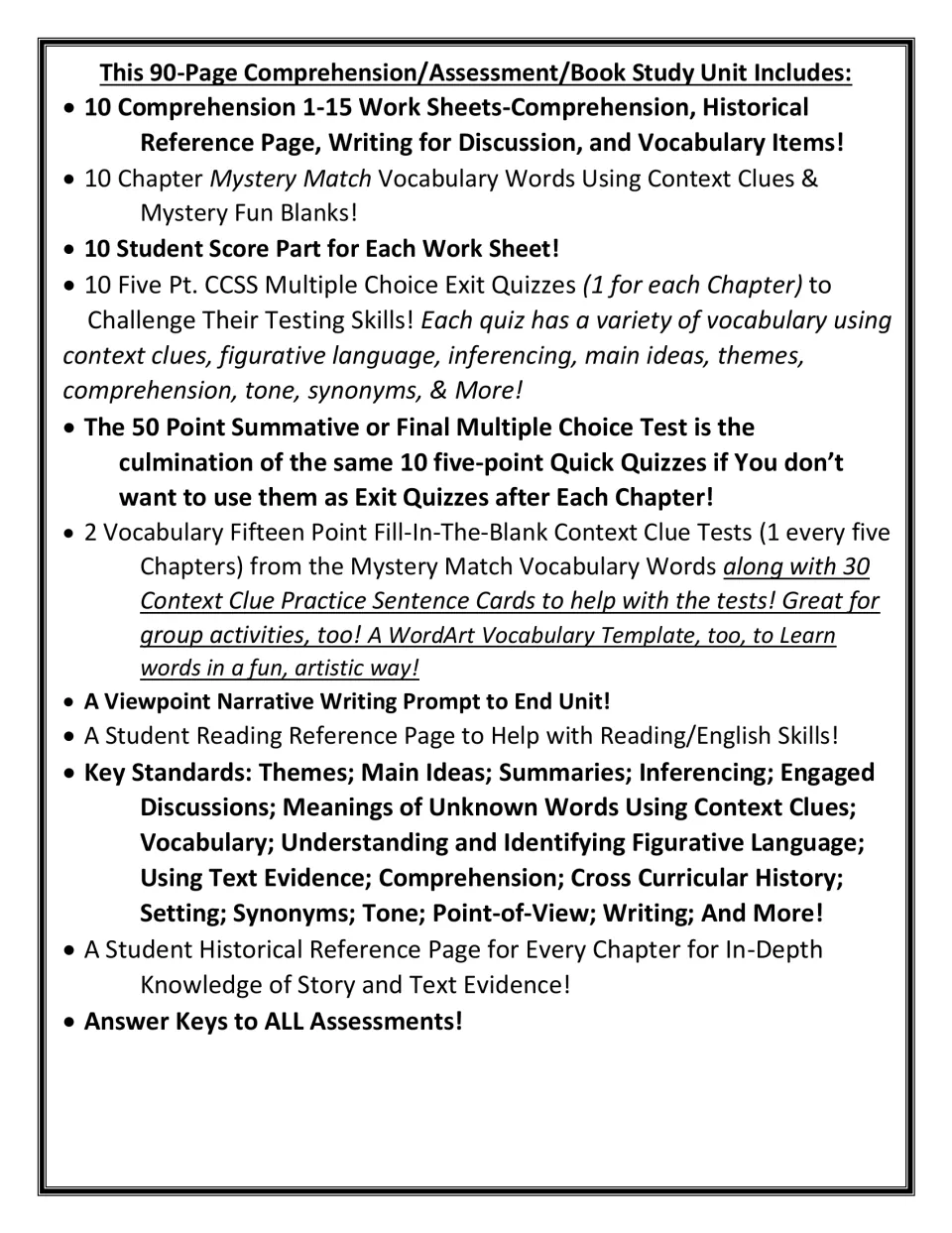Unit contents list: chapter worksheets, Mystery Match vocabulary, exit quizzes, a 50-point test and answer keys