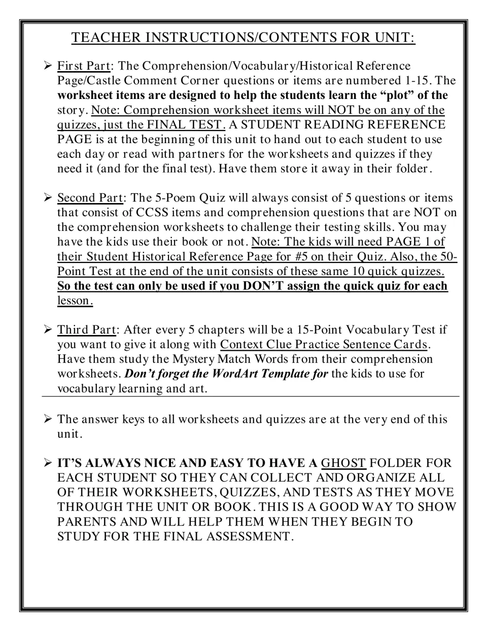 Teacher instructions explaining how chapter worksheets, 5-item quizzes, vocabulary tests and answer keys fit together