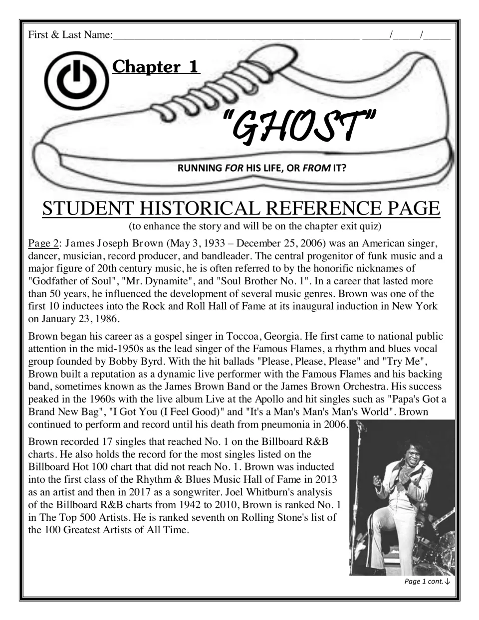 Chapter 1 historical reference: a biography of singer James Brown, his nicknames and records, with a stage photo