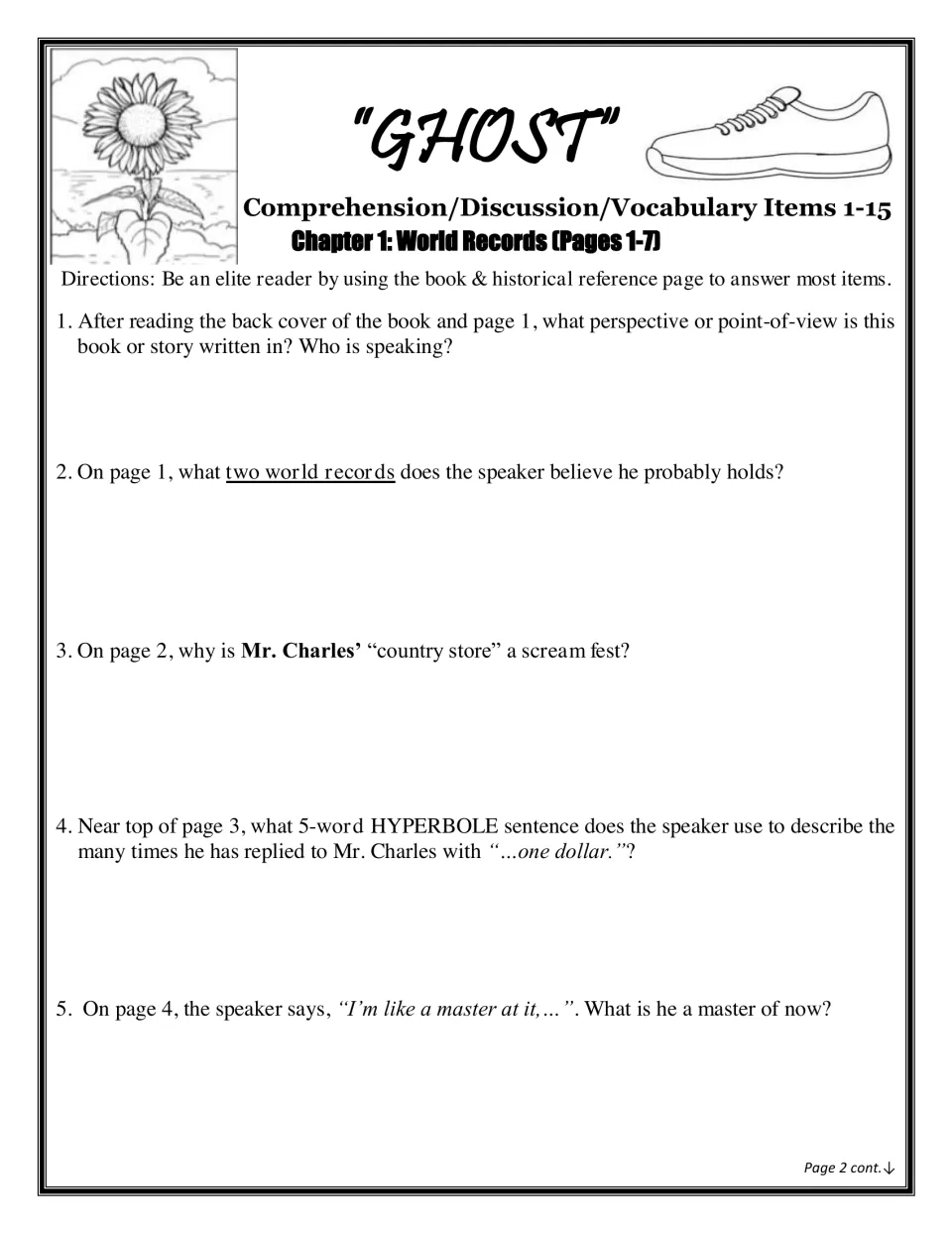 Chapter 1 World Records questions 1-5: students answer on point of view, Mr. Charles' store and a hyperbole