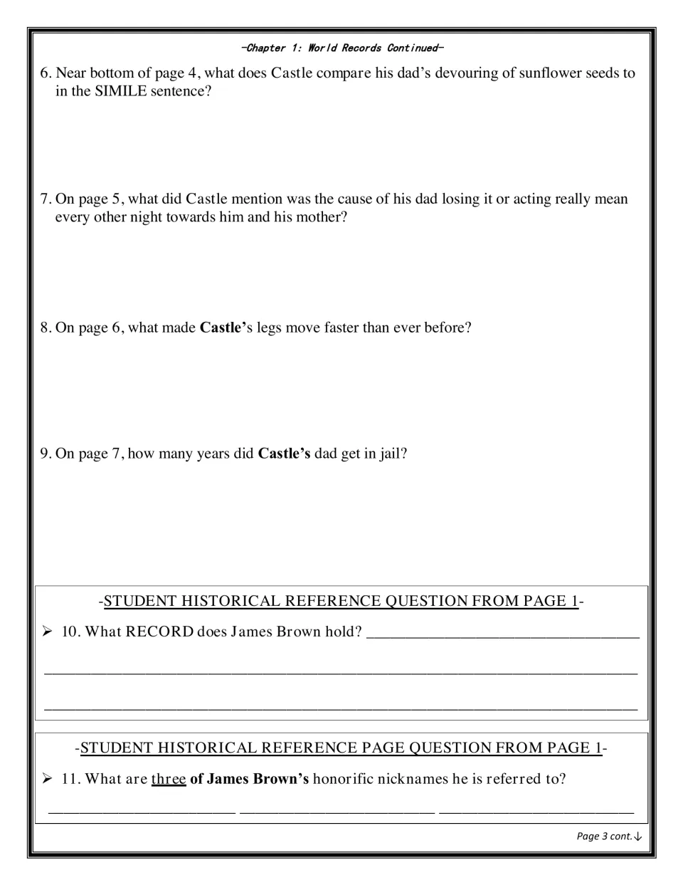 Chapter 1 questions 6-11: students recall a simile, Castle's dad and jail, then answer two James Brown questions