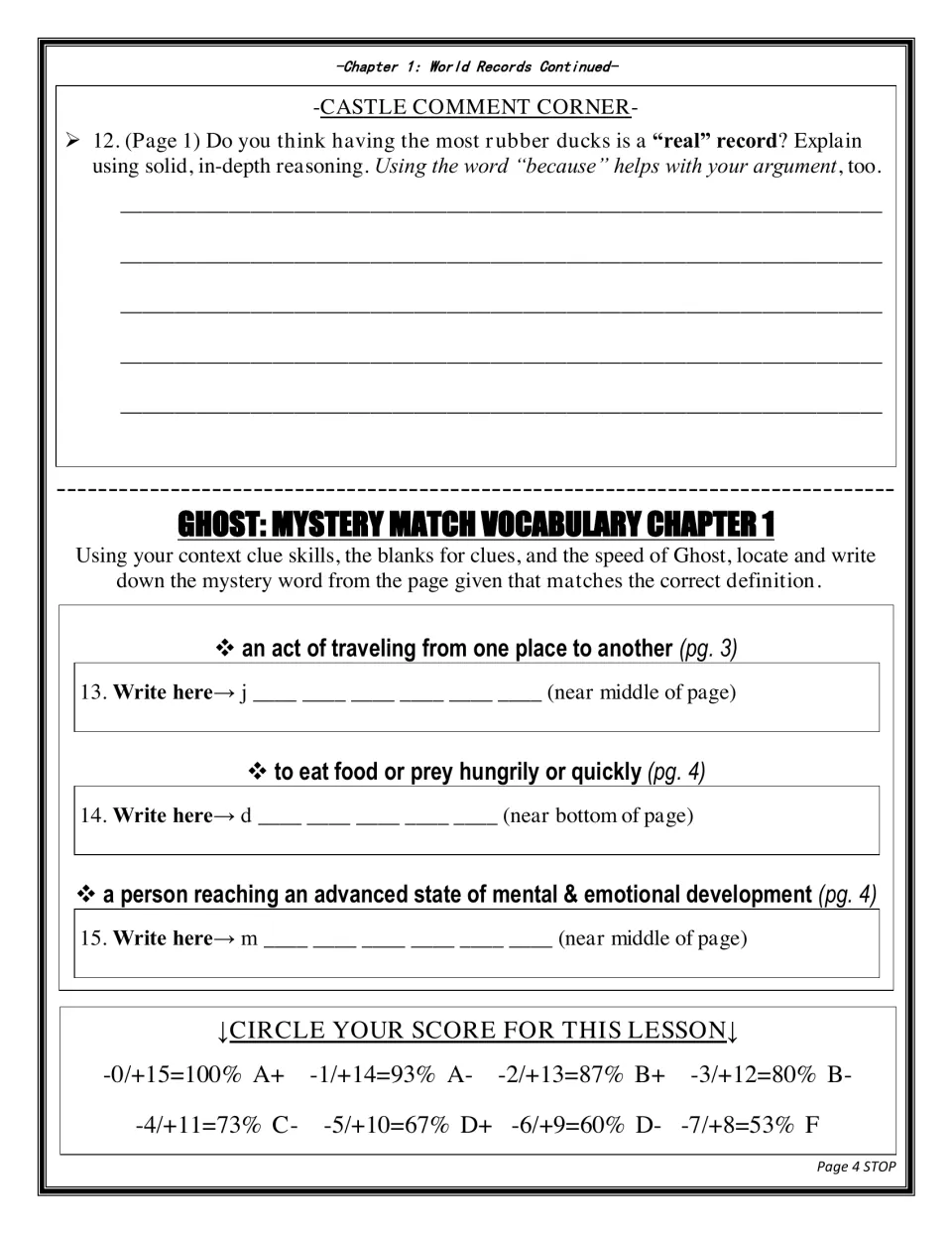 Chapter 1 opinion prompt on the rubber duck record plus Mystery Match vocabulary using context clues and a score scale