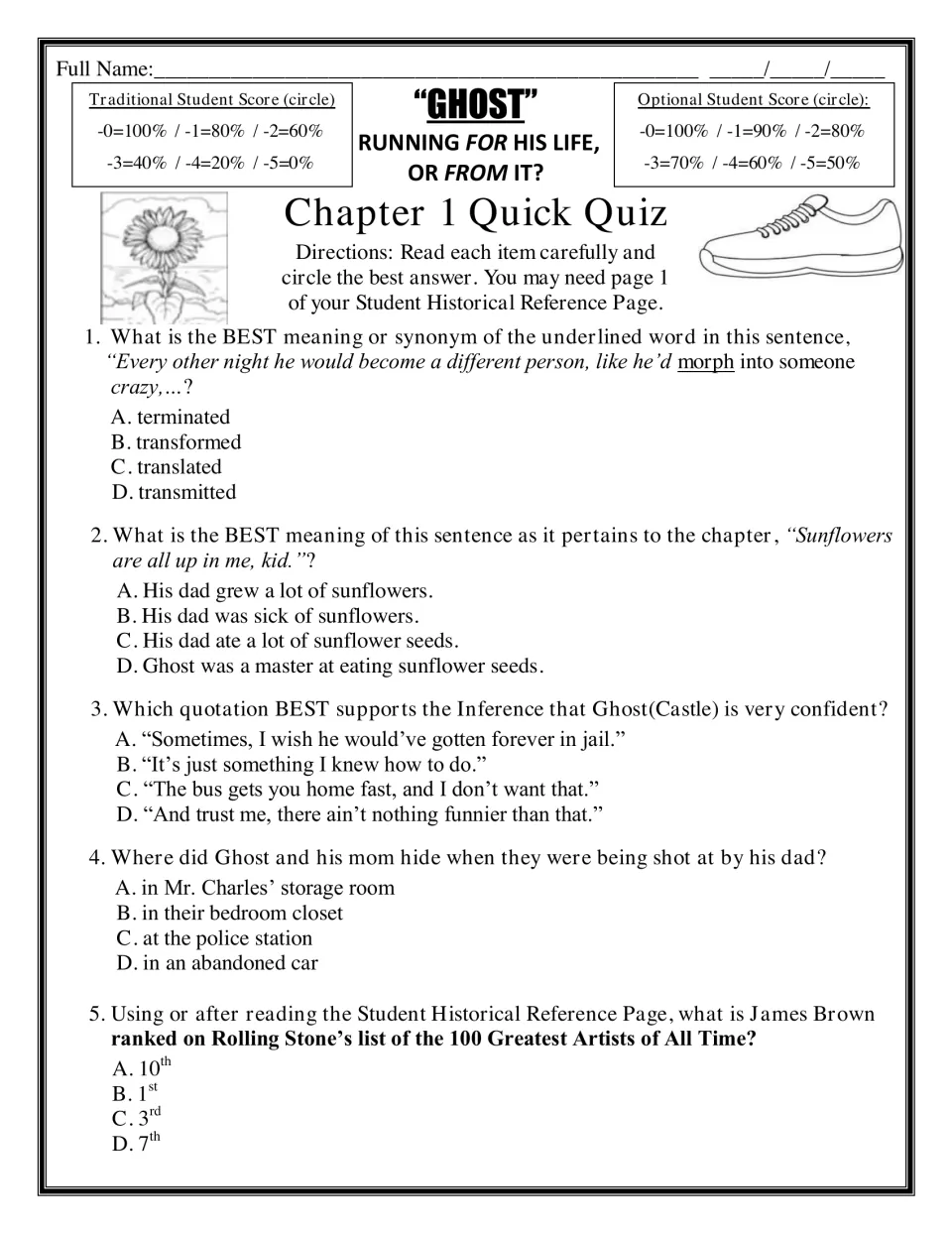 Chapter 1 Quick Quiz: five multiple-choice items on word meaning, inference, plot details and James Brown