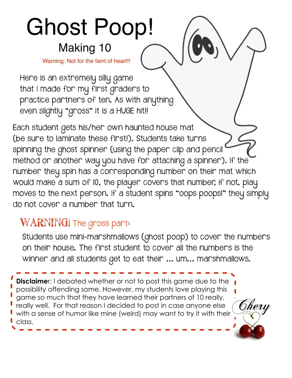 Making 10 game directions: students spin the ghost spinner and cover partner-of-10 numbers with mini-marshmallows