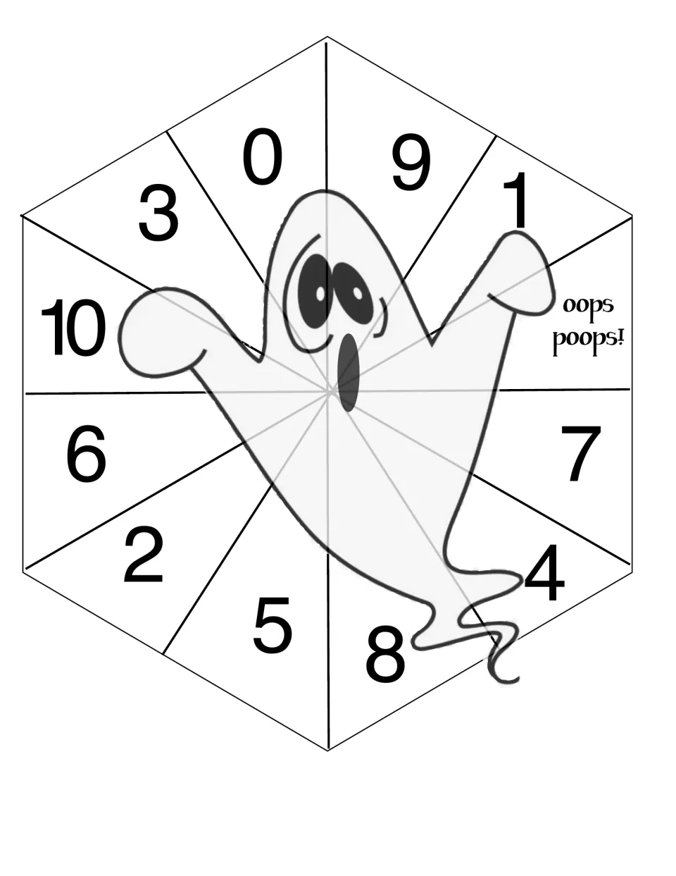 Ghost spinner numbered 0 to 10 plus an oops poops! space; students spin, then look for the partner that makes 10