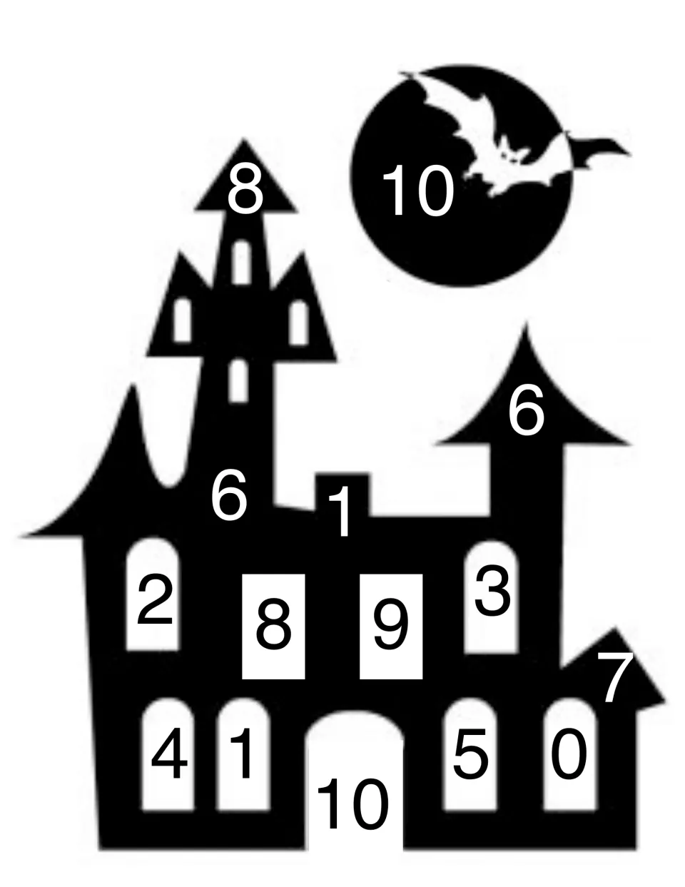 Haunted house game mat topped by an 8 with 6 on the right roof; students find partners of 10 and cover them on the house