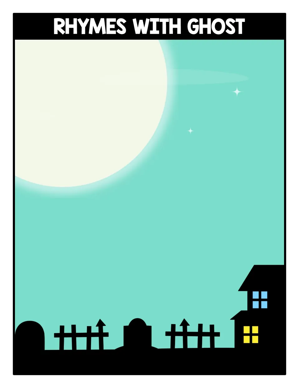 Rhymes with ghost sorting mat: a moonlit haunted house scene where students place picture cards that rhyme with ghost