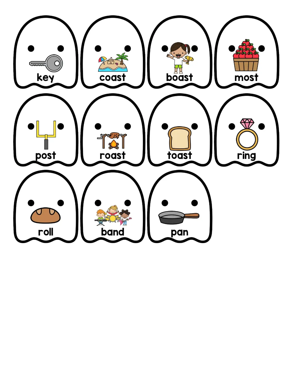 Ghost picture word cards to cut out: key, coast, boast, most, post, roast, toast, ring, roll, band and pan for rhyme sorting