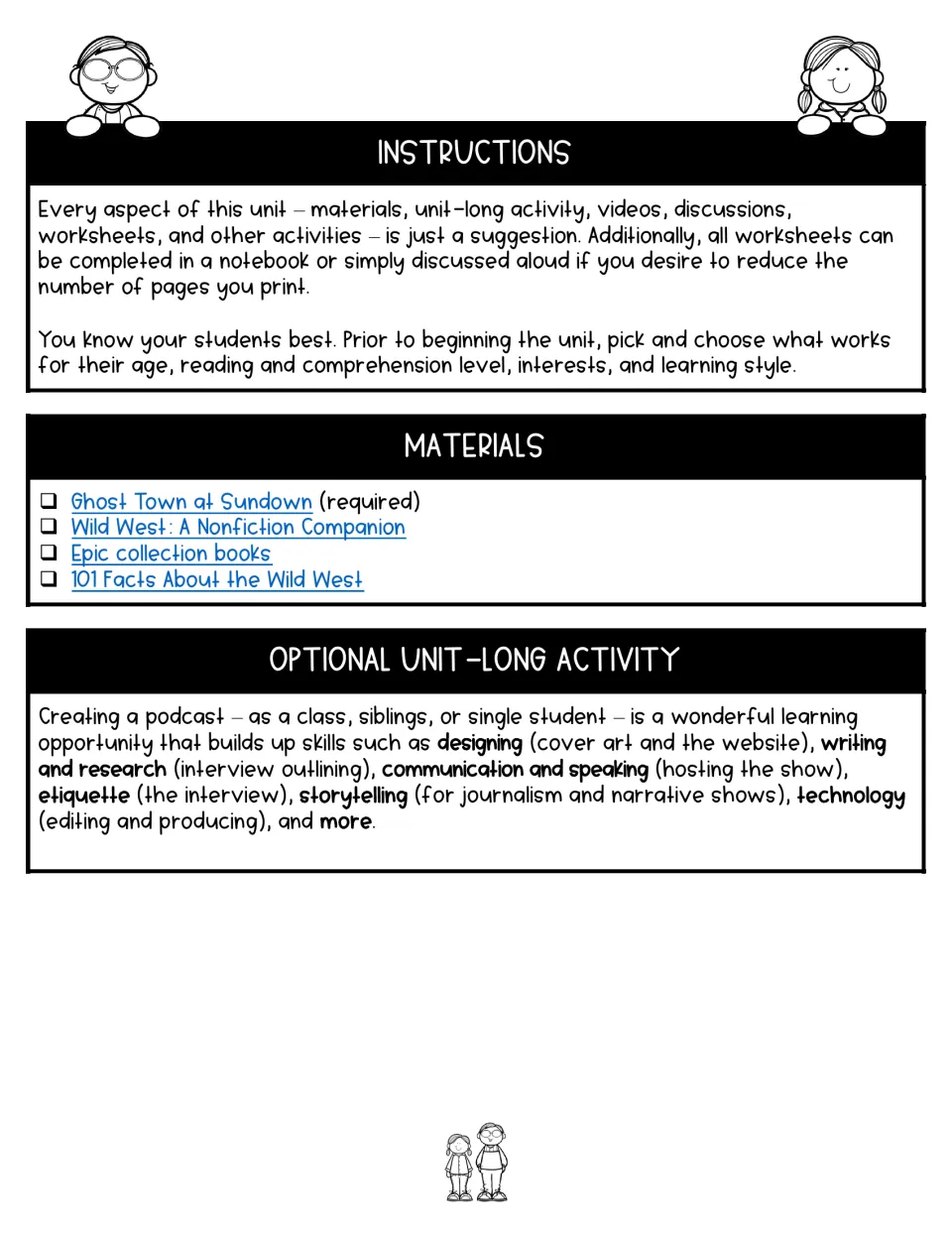 Teacher guidance lists reading materials, flexible worksheet options, and an optional unit-long podcast project