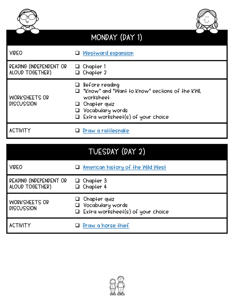 Days 1–2 lesson plans assign chapters 1–4, Wild West videos, quizzes, vocabulary, and two drawing activities