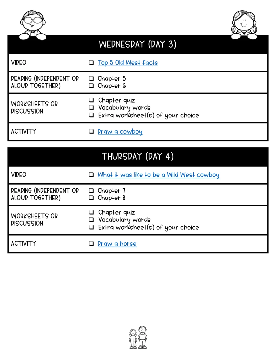 Days 3–4 lesson plans assign chapters 5–8, Old West videos, quizzes, vocabulary, and cowboy and horse drawings