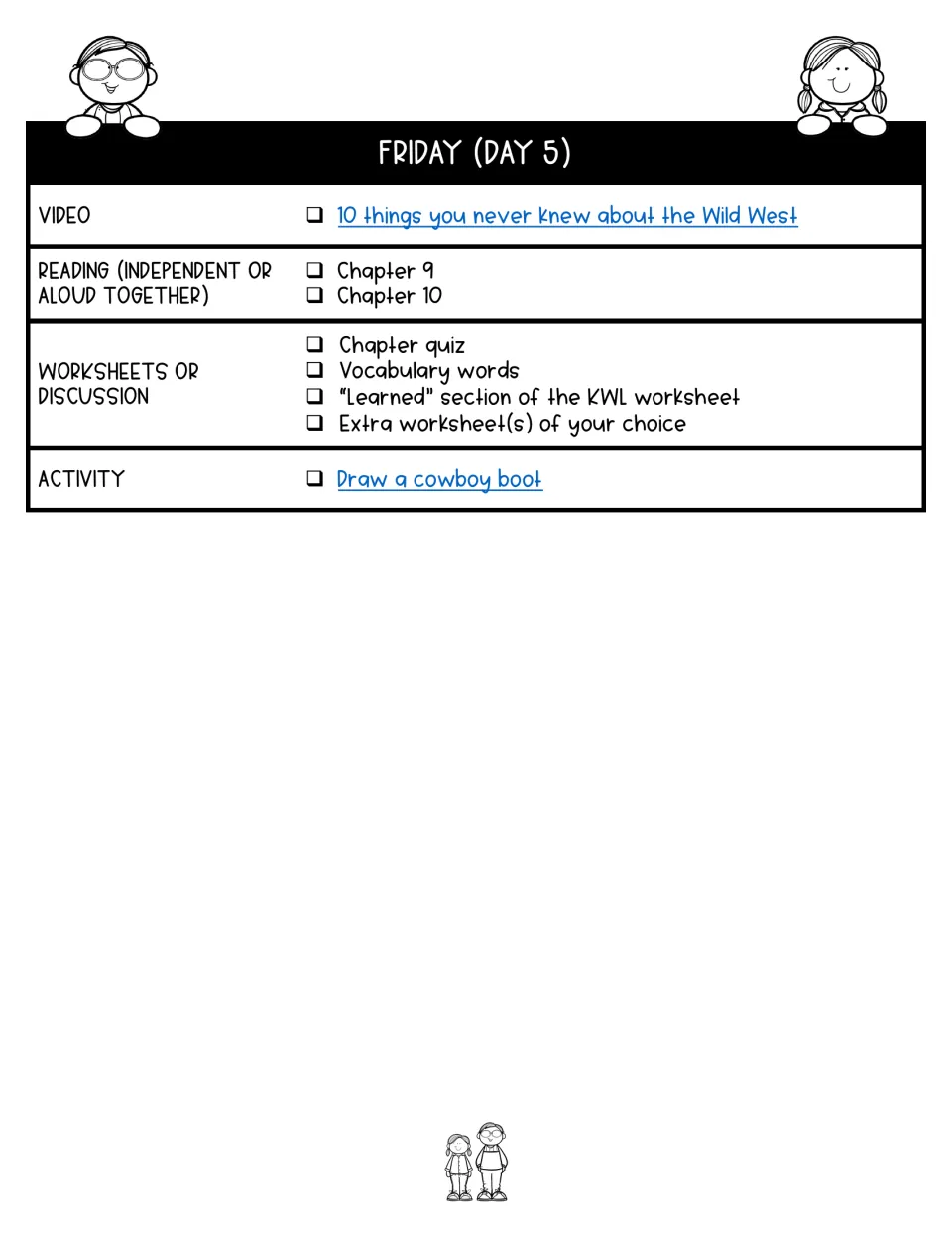 Day 5 lesson plan assigns chapters 9–10, a Wild West video, quiz, vocabulary, KWL reflection, and boot drawing