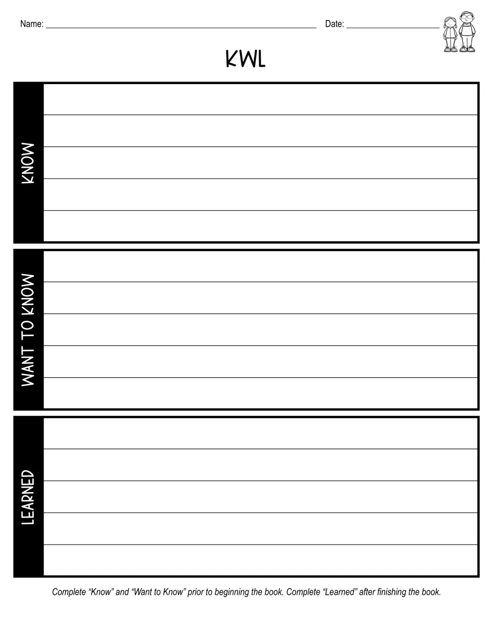 KWL worksheet asks students to record what they know and want to know before reading, then what they learned