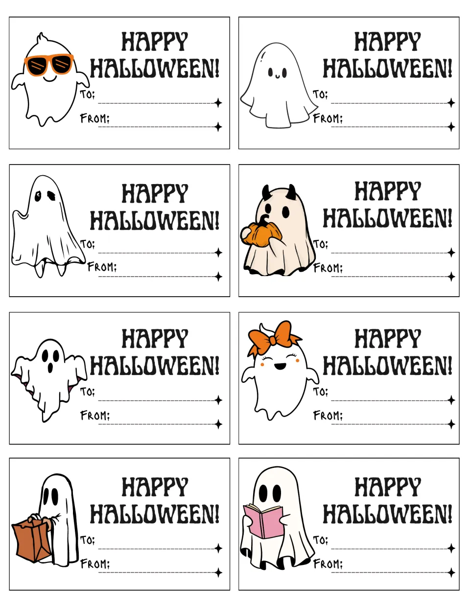 Happy Halloween gift tags: 8 ghost tags with To and From lines; ghosts wear sunglasses, a bow, hold a pumpkin or a book