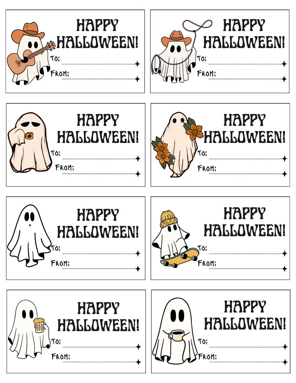 Halloween gift tags, set 2: 8 ghost tags with To and From lines; ghosts in cowboy hats, on a skateboard, with flowers