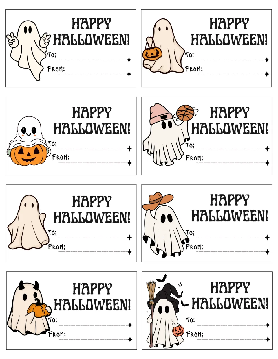 Halloween gift tags, set 3: 8 ghost tags to fill in; ghosts with jack-o'-lanterns, a basketball, a witch hat and broom