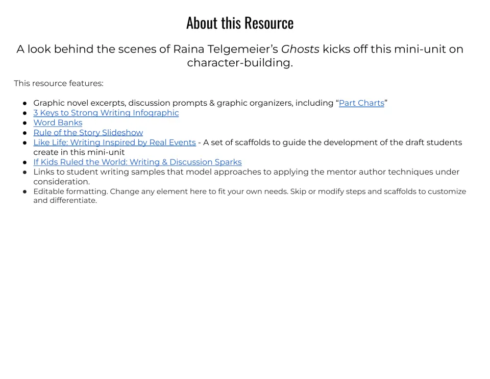 About this resource: lists Ghosts excerpts, Part Charts, word banks, Rule of the Story slideshow and Like Life scaffolds