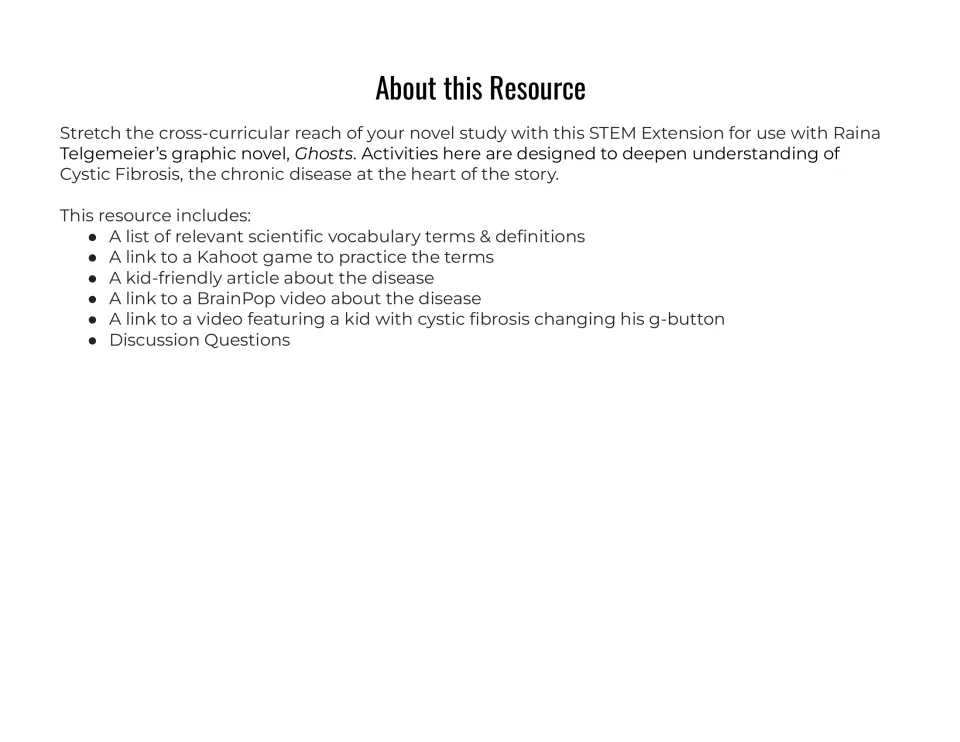 About this Resource: cystic fibrosis extension for the novel Ghosts, listing vocabulary, Kahoot, article and video links