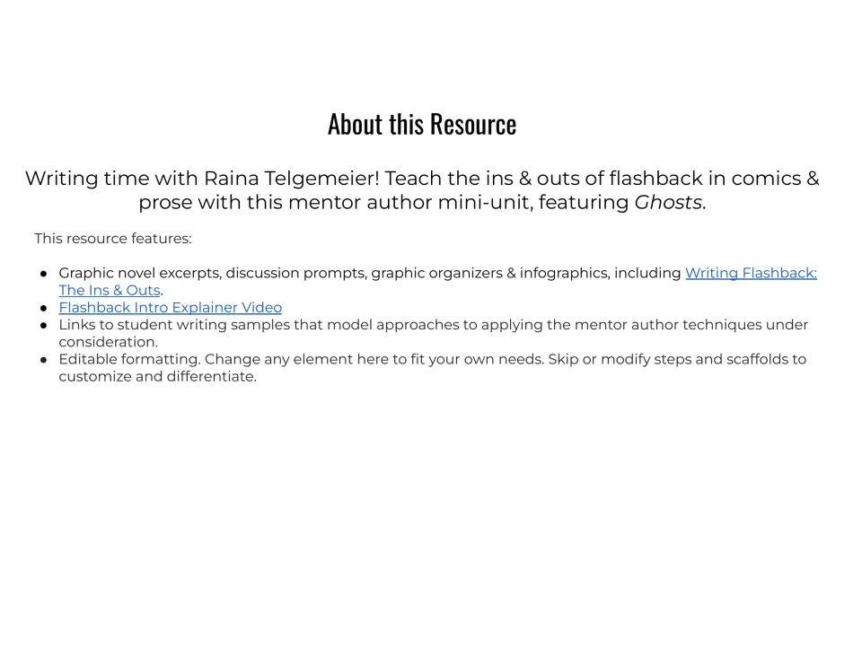 About this Resource: overview listing Ghosts excerpts, discussion prompts, organizers, explainer video and writing samples