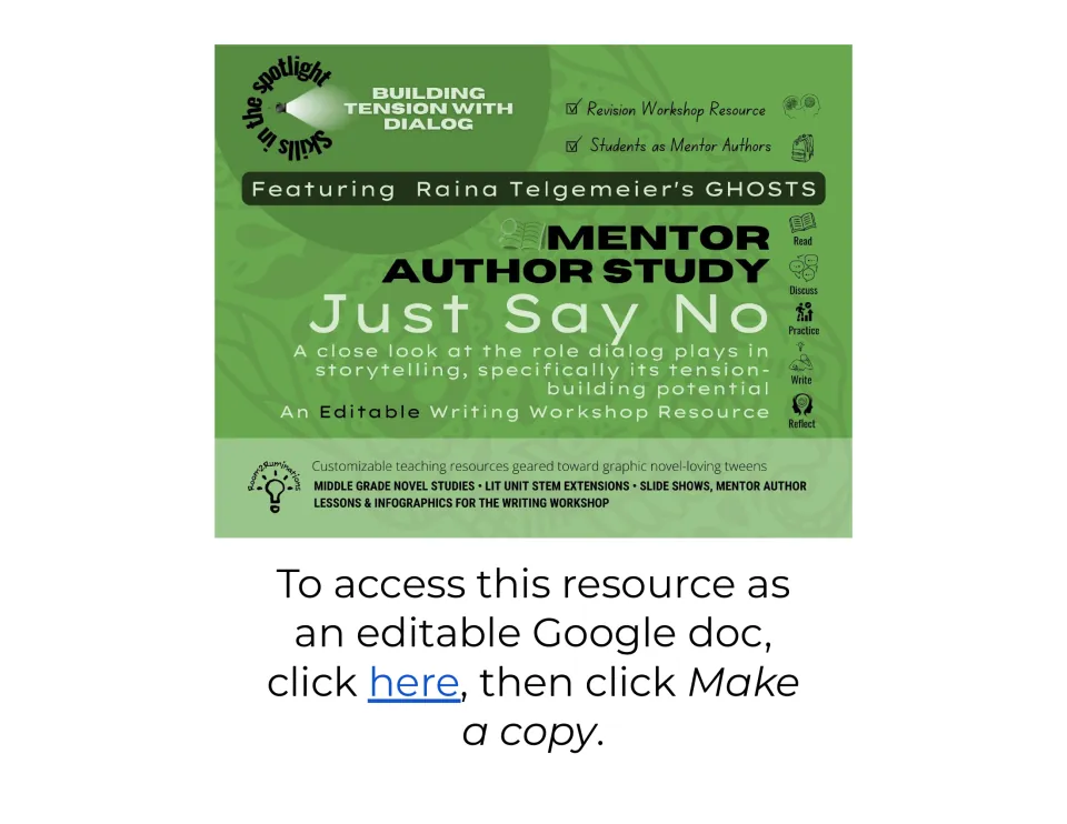 Cover: Mentor Author Study on building tension with dialog in Raina Telgemeier's Ghosts, with a Google doc copy link