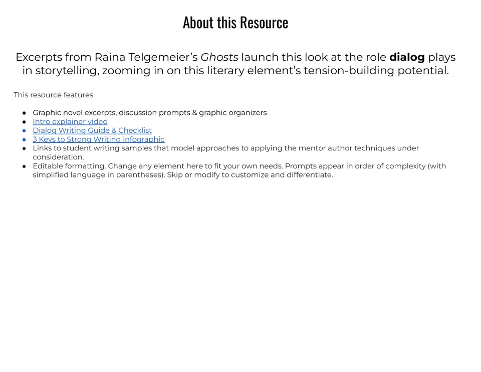 About this Resource: overview listing Ghosts excerpts, discussion prompts, organizers, a dialog writing guide and checklist