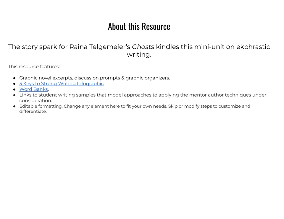 About this Resource overview listing graphic novel excerpts, discussion prompts, organizers, an infographic and word banks