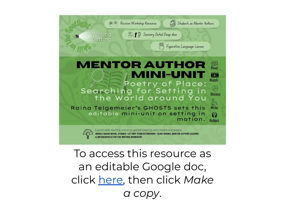 Mentor author mini-unit cover: Poetry of Place, setting writing with Ghosts; read, watch, discuss, write and reflect