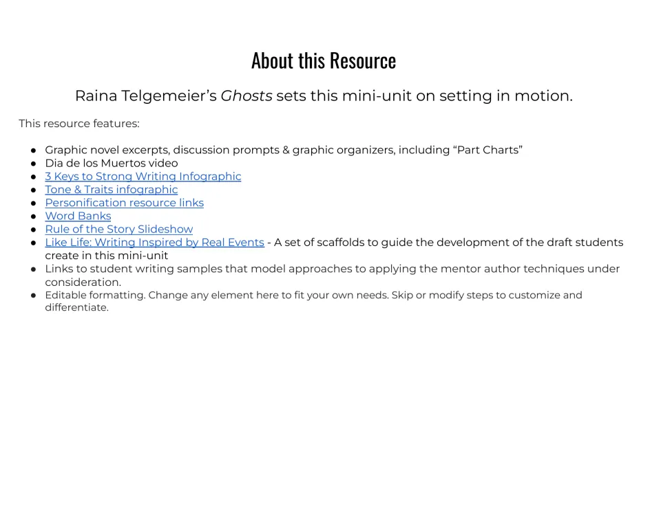 About this Resource: lists Ghosts excerpts, Part Charts, a Dia de los Muertos video, word banks and writing sample links