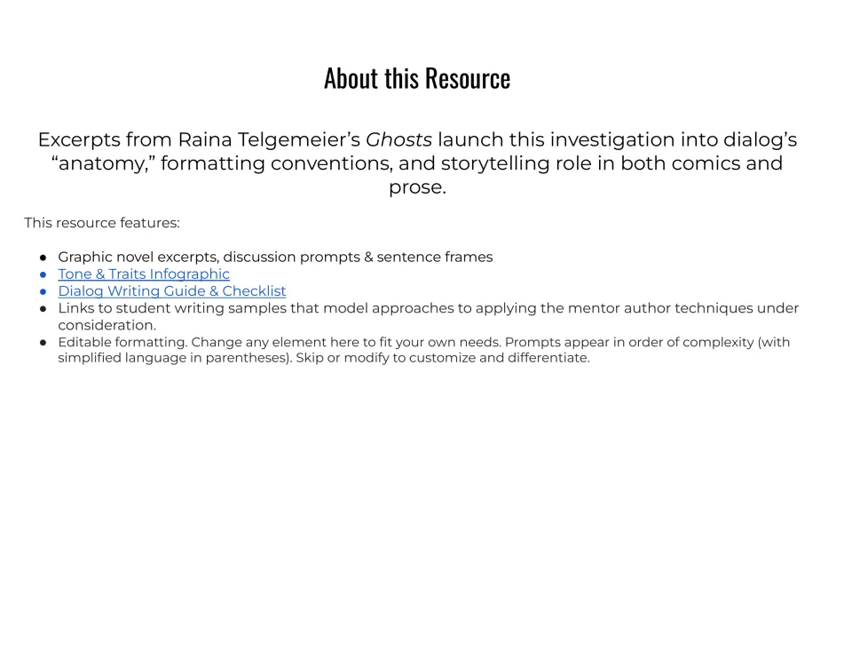 About this Resource: overview of Ghosts excerpts, discussion prompts, Tone & Traits infographic and dialog checklist