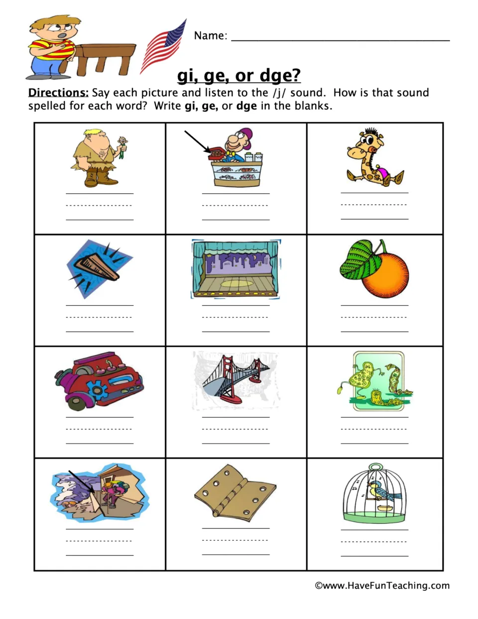 Spelling the /j/ sound: students say 12 pictures, like giraffe, orange and cage, and write gi, ge or dge in each blank