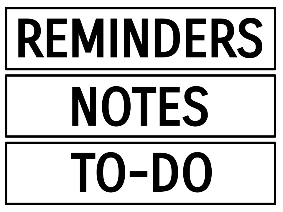 Calendar display headers for Reminders, Notes, and To-Do, three labels for the bulletin board calendar