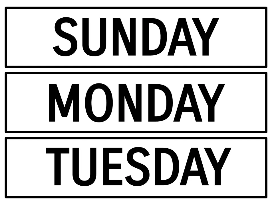 Calendar day labels for Sunday, Monday, and Tuesday, the first three days in the seven-day display set